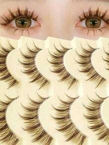 Rikuaild 5 Pairs Cartoon Style False Eyelashes, Brown, Anime Style, Natural Thin & Soft Brown Lashes, Transparent Band Reusable, Natural Lashes In Korean Style - Lông mi Manga nhọn - Xem 1