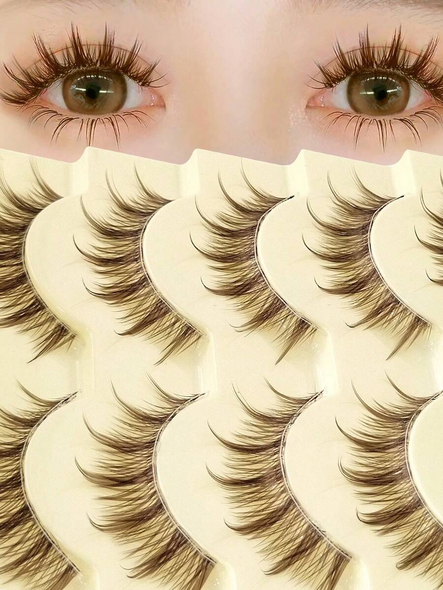 Rikuaild 5 Pairs Cartoon Style False Eyelashes, Brown, Anime Style, Natural Thin & Soft Brown Lashes, Transparent Band Reusable, Natural Lashes In Korean Style - Lông mi Manga nhọn - Xem 1