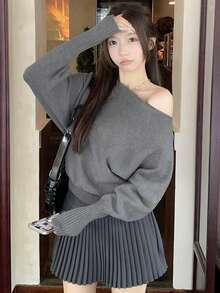Korean Fashion One Shoulder Lantern Sleeve Knitted Sweater, Elegant Autumn/Winter Long Sleeve Pullover Top