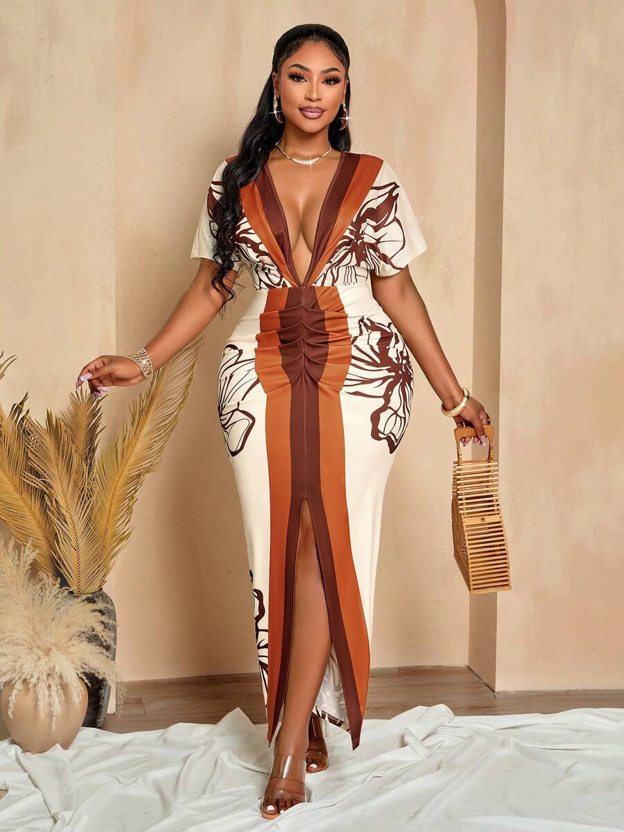 BIUBIU Summer Plus Size Women's Flora Elegant Deep V Neck Ruched Slit Long Dress Beach Island Vacation Sexy Dinner Evening Gown Maxi Dresses