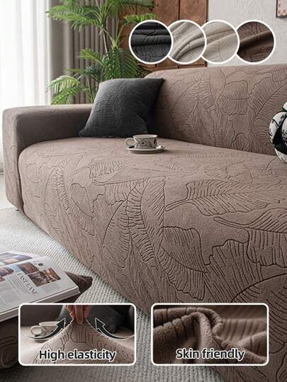 1pc Stretch Plush Fabric Sofa Cover, Banana Leaf Pattern, Suitable For All Seasons, Non-Slip, Minimalist Modern Style, Machine Washable, Pet-Friendly, Fit For 1/2/3/4 Seater Sofa, Living Room Decor