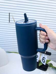20/30/40盎司不锈钢保温杯，海军蓝，带手柄和可折叠吸管，双层真空密封，适用于冷热饮，简约旅行杯 - 藏蓝色 - 查看 2