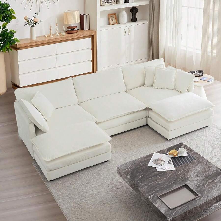 Modular Sectional Sofa, 111.5 Inch U Shaped Couch Set For Living Room, 3-Seater Comfy Cloud Couches With Movable Ottoman, DIY Combination, Chenille, Beige - Beige 3Seat+2 O - 查看 1