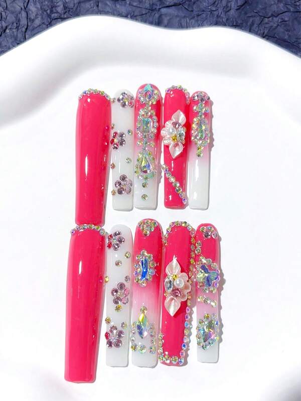 10 peças de unhas postiças de acrílico de luxo extra longas, estilo caixão, feitas à mão, com diamante, flor Aurora 3D e decoração de pérolas; suprimentos para unhas, unhas caseiras, unhas postiças de acrílico para arte em unhas faça você mesmo; adequadas para feriados, festas e uso diário; inclui 1 folha de cola gelatinosa e 1 mini lixa