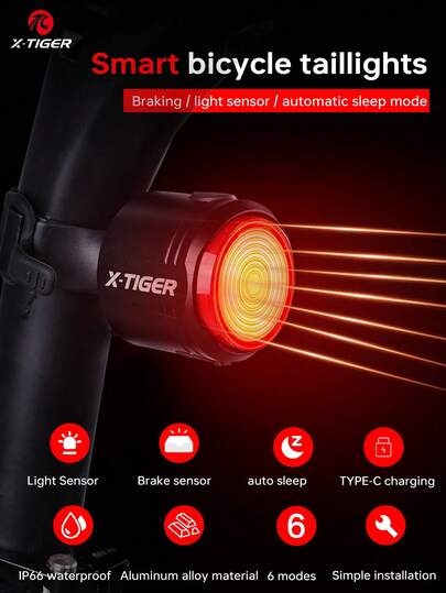  X-TIGER Smart Bicycle Taillight, Brake Sensing Night Cycling Tail Light, Super Bright LED Backlight, USB Type-C Rechargeable, IPX6 Waterproof, Bicycle Taillight Accessory