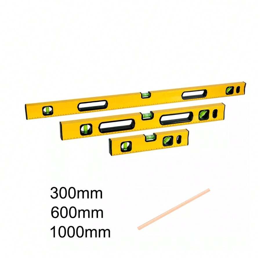 MAGNETIC 3 PIECE BUILDERS BUILDING SPIRIT LEVEL SET - 300, 600, 1000mm Silver/Yellow With A Pencil - Yellow - View 1