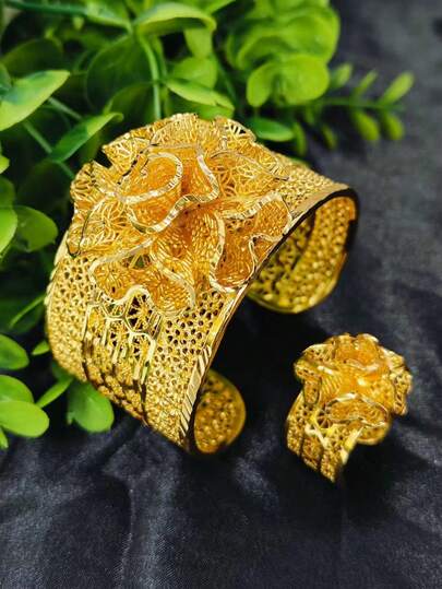 Juego de 1 pulsera y 1 anillo, Pulsera y anillo de joyería de flores con baño de oro de cobre, 2 piezas, de estilo del Medio Oriente, Dubái, Arabia Saudita, accesorios de vestido de novia africana para fiesta de boda, regalo para vacaciones