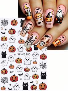 2/5 件万圣节 3D 幽灵卡通美甲贴纸，可爱幽灵南瓜火焰花朵图案美甲贴纸，DIY 或沙龙使用，自粘美甲贴纸用品，美甲装饰 - 彩色 - 查看 4
