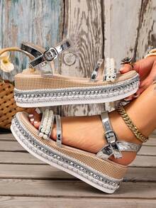 夏季优雅厚底凉鞋，编织针织带，沙滩坡跟厚底罗马凉鞋，铆钉波西米亚风露趾弹性脚踝扣透气舒适休闲优雅平底凉鞋