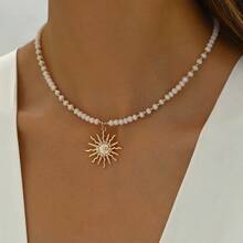 1pc Fashionable & Elegant Design Crystal Moon & Sun Pendant Necklace With Beaded Chain Decoration