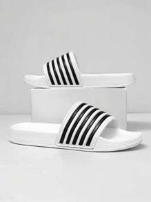 Teenager Black & White Striped Contrast Color Slip-On Slippers, Casual Beach/Outdoor, School Student Shower/Pool Slides, Sports Sandals, Thick Soft Comfortable