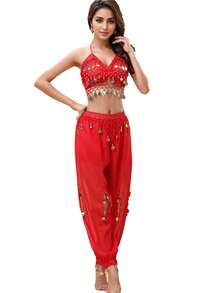 2 Pieces Prom Party Line Dance Costume For Women Belly Dance With Coin Embellished Open-Hole Loose Pants (Includes Breast Pads)