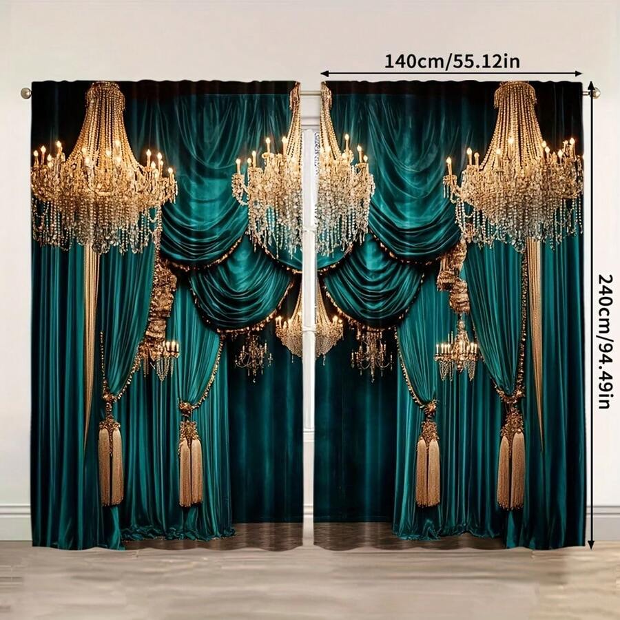 2pcs Elegant Green Polyester Printed Curtains, Modern All-Season Design, 100% Polyester, Light-Filtering, With Rod Pocket, Easy Hanging, Suitable For Kitchen, Laundry Room, Bedroom, Study, Living Room - View 1