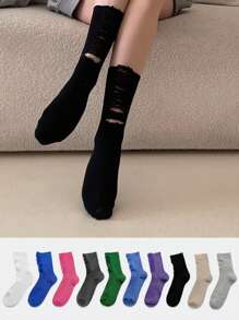 1/2/3/5 Pares de Calcetines mujer de pila rota de unicolor, calcetines de tripulación con agujeros rotos, estilo vintage, gruesos, para pareja, calcetines hasta el tobillo con agujeros en la calle