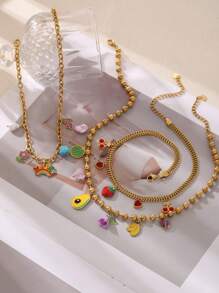 1 Colar com pingente de flor colorida e borboleta, colar de aço inoxidável com corrente, departamento colorido feminino, luz avançada, luxo, vitalidade animada, versátil, alegre, comemoração, colar de Natal, joia