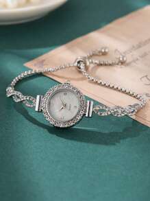 1pc/2pcs Fashionable Women's Bracelet Watch, Luxury Round Dial With Rhinestone Diamond Crystal Ripple Design, Alloy Quartz Watch, Gift For Girlfriend