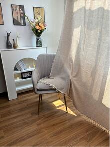 1 件白色薄纱窗帘，带米色流苏，简约风格，适合卧室/客厅