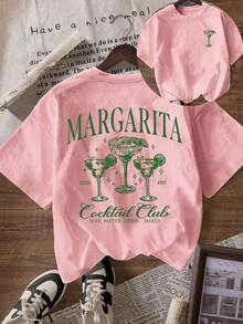 Margarita Graphic Women Casual Round Neck Short Sleeve T-Shirt, Summer Beach T-Shirt - Baby Pink - View 1