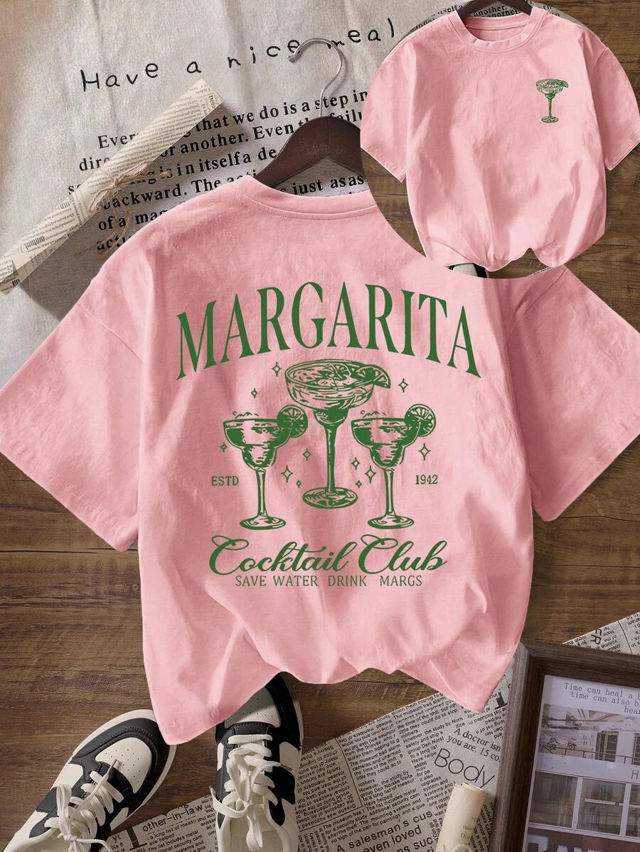 Margarita Graphic Women Casual Round Neck Short Sleeve T-Shirt, Summer Beach T-Shirt - Baby Pink - View 1