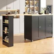 Flieks 360° Swivelling Bar Table On Castors, Breakfast Bar With 3 Drawers And Snack Rack, Multifunctional Storage, Innovative Kitchen Islands, Suitable For Dining Room, 138-209x39x106cm - Black - View 2