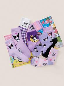 Sanrio 2/4/8 paires de chaussettes mi-mollet mixtes à motifs de dessins animés Sanrio Kuromi, confortables et respirantes, convenant pour le style casual, Lolita, l'uniforme scolaire JK et le port quotidien