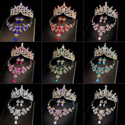 1 Set Gioielli da Sposa 3 Pezzi: 1 Corona di Cristallo + 1 Collana + 1 Paio di Orecchini, Gioielli da Fidanzamento/Matrimonio/Festa Formale con Design di Cristalli Brillanti