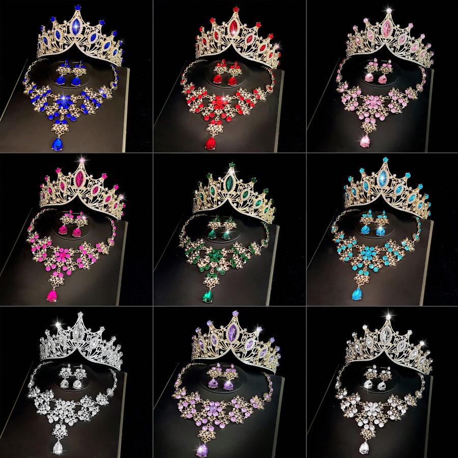 1 套新娘 3 件首饰套装：1 个水晶皇冠 + 1 条项链 + 1 对耳环，闪亮水晶设计订婚/婚礼/正式派对首饰 - 彩色 - 查看 1