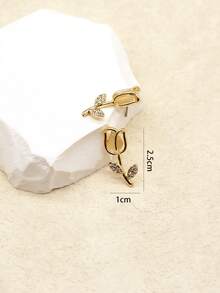 2pcs Fashion Minimalist Tulip Flower Rhinestone Stud Earrings, Suitable For Holiday, Party, Date, Daily Wear - Yellow Gold - View 6