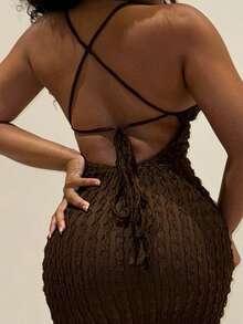 Alexandranx Solid Texture Bodycon Backless Cami Dress - Coffee Brown - View 4
