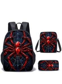 3 pièces Set de sacs à dos, Imprimé araignée/Imprimé jeu, Unisexe, Sac à déjeuner, Trousse, Sac à dos