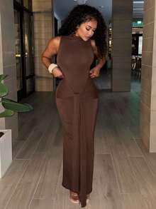 Alexandranx 女式立领系带连衣裙，性感优雅 - 棕色 - 查看 7