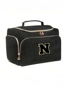 1pc Black Polyester Travel Toiletry Bag With Handle - Alphabet Pattern, Wet/Dry Separation, Machine Washable, Portable Makeup Organizer For Both Men & Women, Ideal Gift For Family & Friends, Daily Cosmetics Storage, Fashionable Makeup Case, Practical Design, Fabric, Must-Have For Frequent Travelers