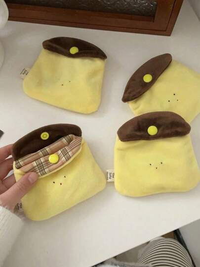 1pc Cute Handmade Caramel Pudding Plush Zipper Wallet - Mini Portable Headphones, ID Card And Coin Organizer, Yellow And Brown Design, Soft Polyester Material, Perfect For Carry-On, Back To School Gift