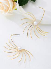 1 Đôi bông tai đính ngọc trai trắng với họa tiết đường kẻ hình học, kiểu dáng tối giản và thời trang, phù hợp cho tiệc tùng, liên hoan và đeo hàng ngày. - Vàng - Xem 4