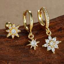 3pcs/Set Boucles d'oreilles pendentif étoile & lune plaquées or 18K, style femme, incrustées de zirconium cubique, boucles d'oreilles à tige en cuivre et acier inoxydable, boucles d'oreilles à vis, bijoux de perçage du cartilage - Ensemble de boucles d'oreilles 3 pièces - Voir 10