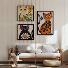 1/3pcs Boho Cats Art Print Set, Floral Wall Art, Illustration Printable Wall Art, 3 PiecesWall Art, Gallery Wall, Home Decor, Cat Artwork, Art Prints (Framed/Unframed) - Multicolor - View 4