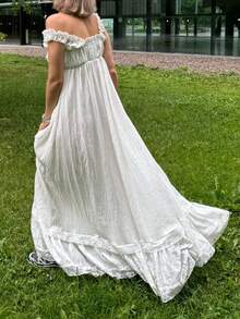 Summer Casual Dress For Women Y2k Long Tank Dress Vintage Maxi Dress Lace Trim Ruffle Hem Sundress Tie Front V Neck Dress Sleeveless Backless Empire Waist Dress Evening Party Club Dress Beach Vacation Clothes Streetwear Aesthetic Clothes - trắng - Xem 3