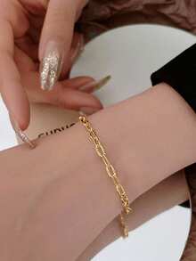 1 Peça Bracelete De Franja De Contas De Aço Inoxidável Redondo Com Fecho De Joia Meia Incrustada Inspiração Europeia E Americana, Acessórios De Brilho De Titânio Para Mulheres