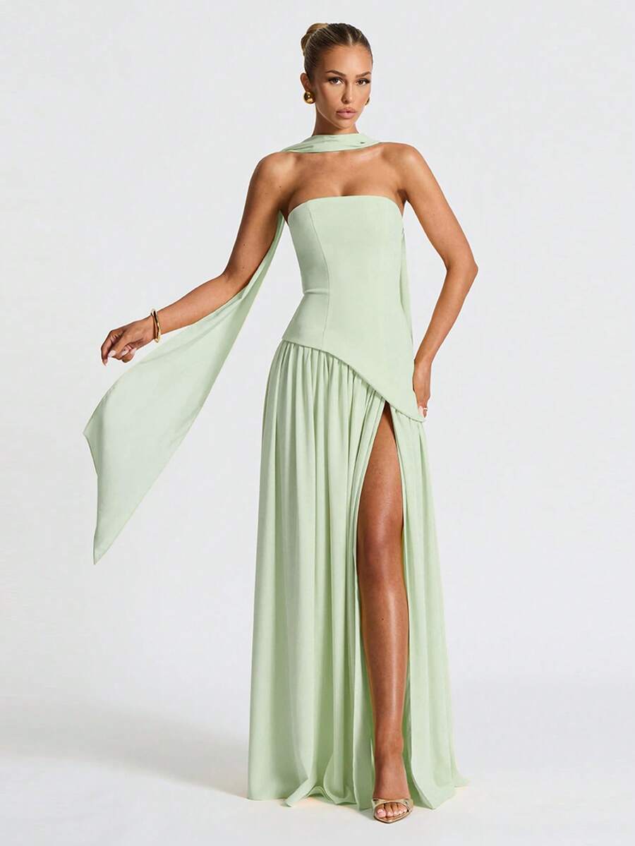 Elegant Sexy Strapless High Slit Flowy Evening Dress, Party Gown - Green - View 1