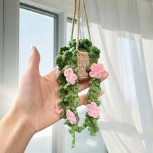 1pc Crochet Plant Decor, Boho Handmade Car Rear View Mirror/Room Hanging Accessory, Suitable For Women & Girls, Green Car Interior Aesthetic Decor, Truck Hanger Ornament Charm For Men - Multicolor - View 5
