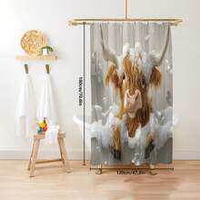 1pc/4pcs Funny Highland Cow Shower Curtain Set, Adorable Yellow Calf Bathing In Tub, Bathroom Set With 12 Hooks, Non-Slip Rugs, Toilet Lid Cover, U-Shaped Mat, Machine Washable, Complete Bathroom Accessories Decor Set Back To School