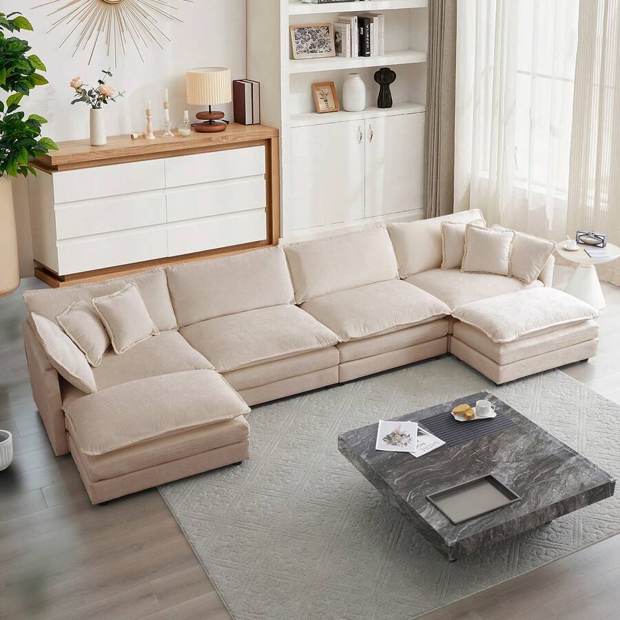 Modular Sectional Sofa, 146.5 Inch U Shaped Couch Set For Living Room, 4-Seater Comfy Cloud Couches With Two Movable Ottoman, DIY Combination, Chenille, Light Coffee - Cà phê nhẹ 4 chỗ + 2 O - Xem 1