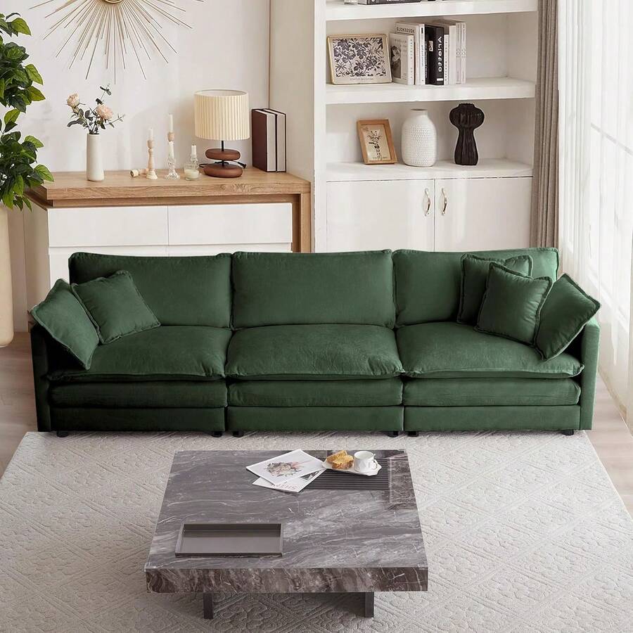 Luxury Modular Sectional Sofa, 111.5" Modern Chenille Comfy Cloud Couches For Living Room Office, 3 Seater Deep Sofa With 2 Armrest Pillows And 3 Toss Pillows,Green - 綠色3座 - 查看 1