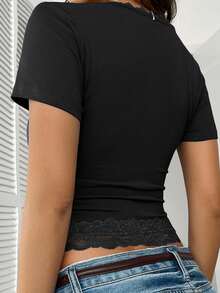 Women Summer Basic T-Shirt Casual Lace Patchwork Fitted Short Sleeve Tops For Streetwear Aesthetic Grunge Clothes - Black - View 7