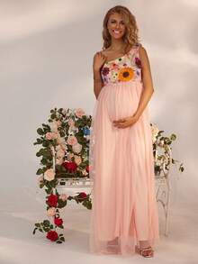 Joyfunear Maternity 3D Floral Embroidered One Shoulder Split Hem Dress - Pink - View 4