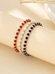 3pcs Set Beaded Bracelet, Minimalist Design In Red, White And Blue, Casual Everyday Wear, 4th Of July Independence Day Decoration