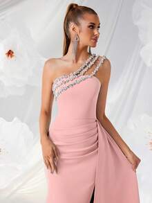 Elisanya Rhinestone Embellished Backless Tie-Up High Waist Long Tiered Slit Dress, Suitable For Banquet, Party, Gala - Pink - View 8