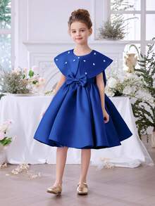 Young Girl Beaded Bow Party Dress Set, Colorful Blue Princess Dress, Suitable For Children's Birthday Gift, Party, Performance, Wedding Flower Girl, Holiday Celebration - Blue - View 6