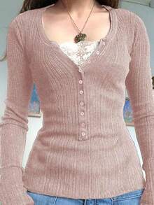 Christmas Lace Crop Button Up Shirts For Women Paneled Button Long Sleeve Knit Top Lightweight Slim Basic Knit Tunic Top Blouse  Plain    Casual    Rib-Knit  Button  Contrast Lace    Daily - 粉色 - 查看 2