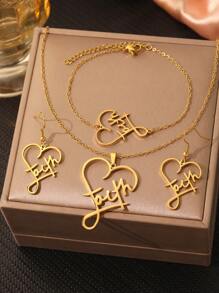 4 Peças Conjunto de Joias com Colar Pingente de Coração Oco, Brincos e Anel, Elegante e Doce